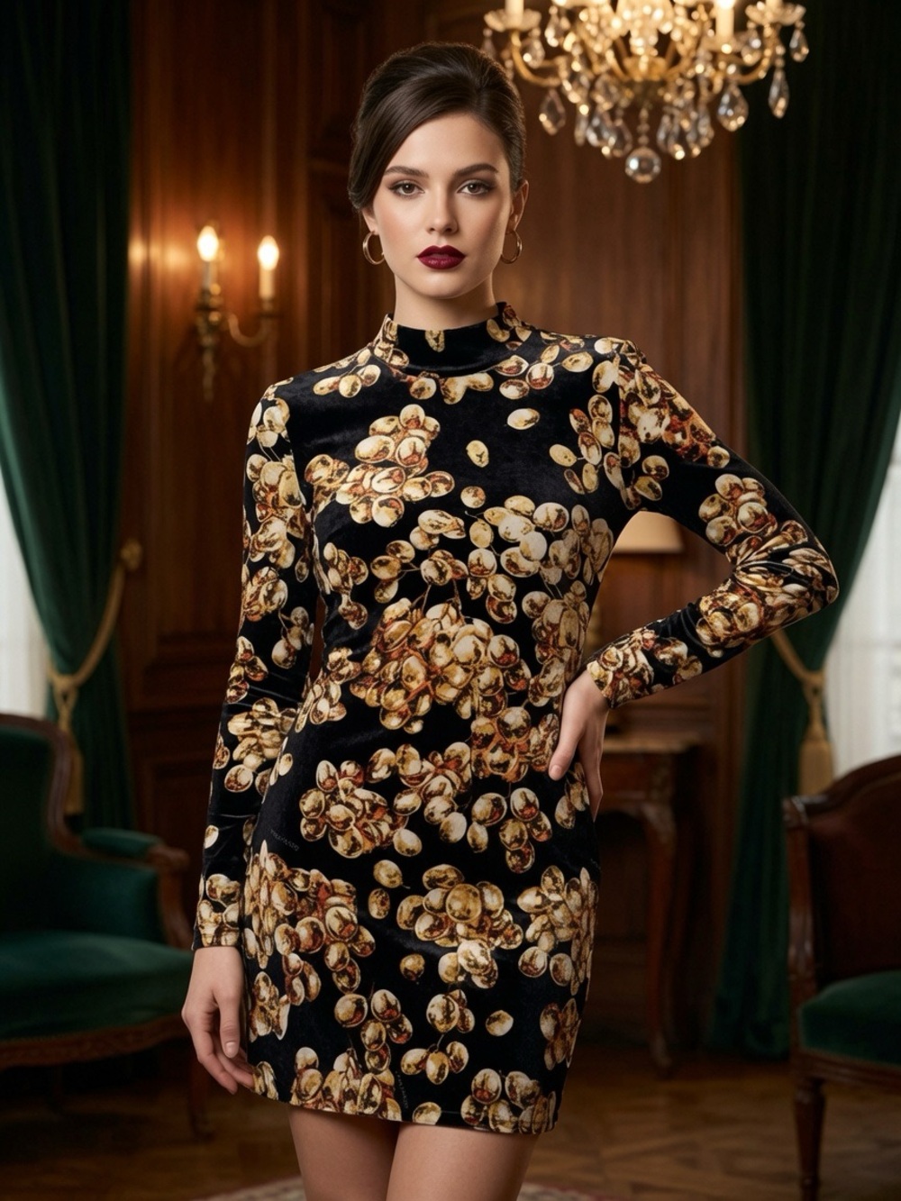 Balmain Paris Black Velvet Long-Sleeve Mini Dress with Gold Floral Print